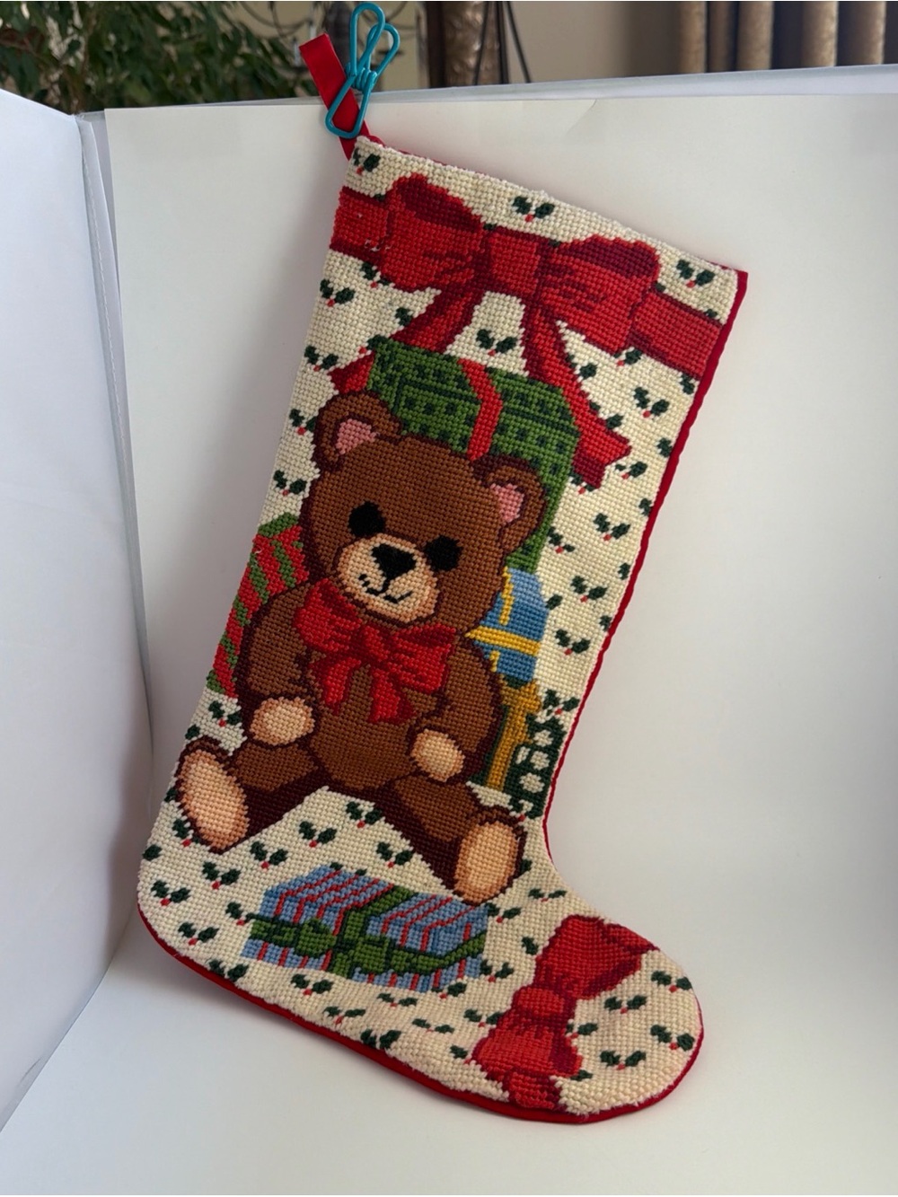 Vintage Wool Needlepoint Christmas Stocking Velvet Teddy Bear